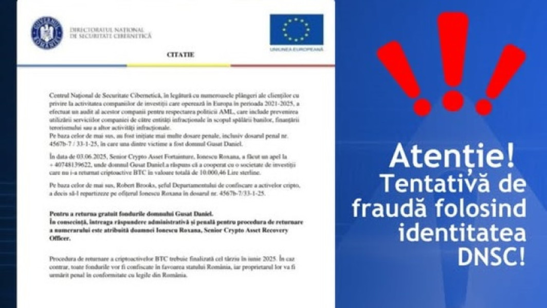 Avertisment despre o tentativă de fraudă în numele DNSC